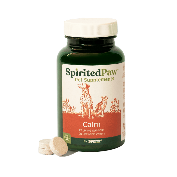 Spirited Paw Calm Supplement bottle for pets, featuring calming ingredients with chewable wafers beside the bottle.
