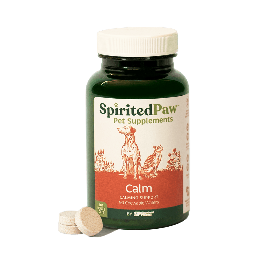 Spirited Paw Calm Supplement bottle for pets, featuring calming ingredients with chewable wafers beside the bottle.