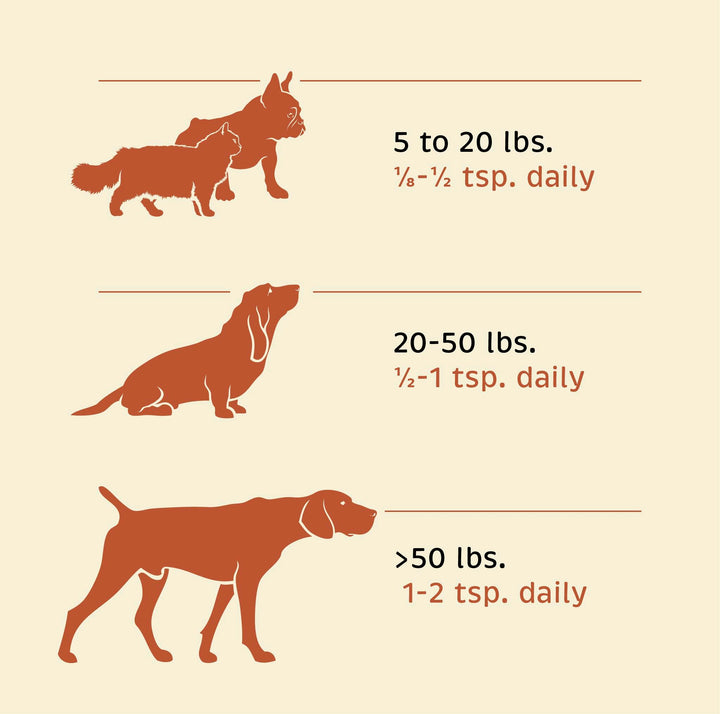 Dosage chart for Spirited Paw Dental Supplement with weight-based recommendations for different pet sizes.