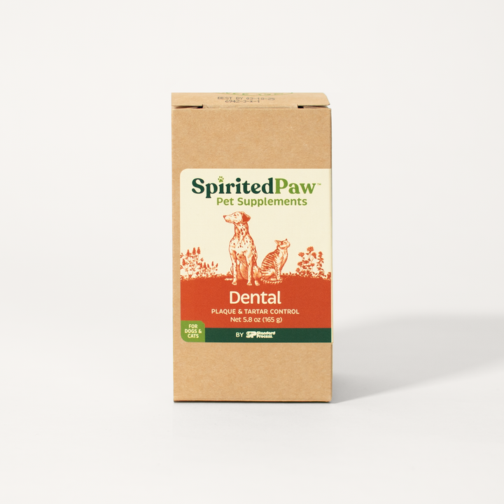 Spirited Paw Dental Supplement in eco-friendly cardboard packaging with a natural brown and green design