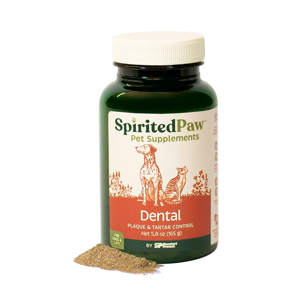 Spirited Paw Dental Supplement for pets in a green bottle with a white cap, placed beside a small pile of powder for tartar and plaque control.
