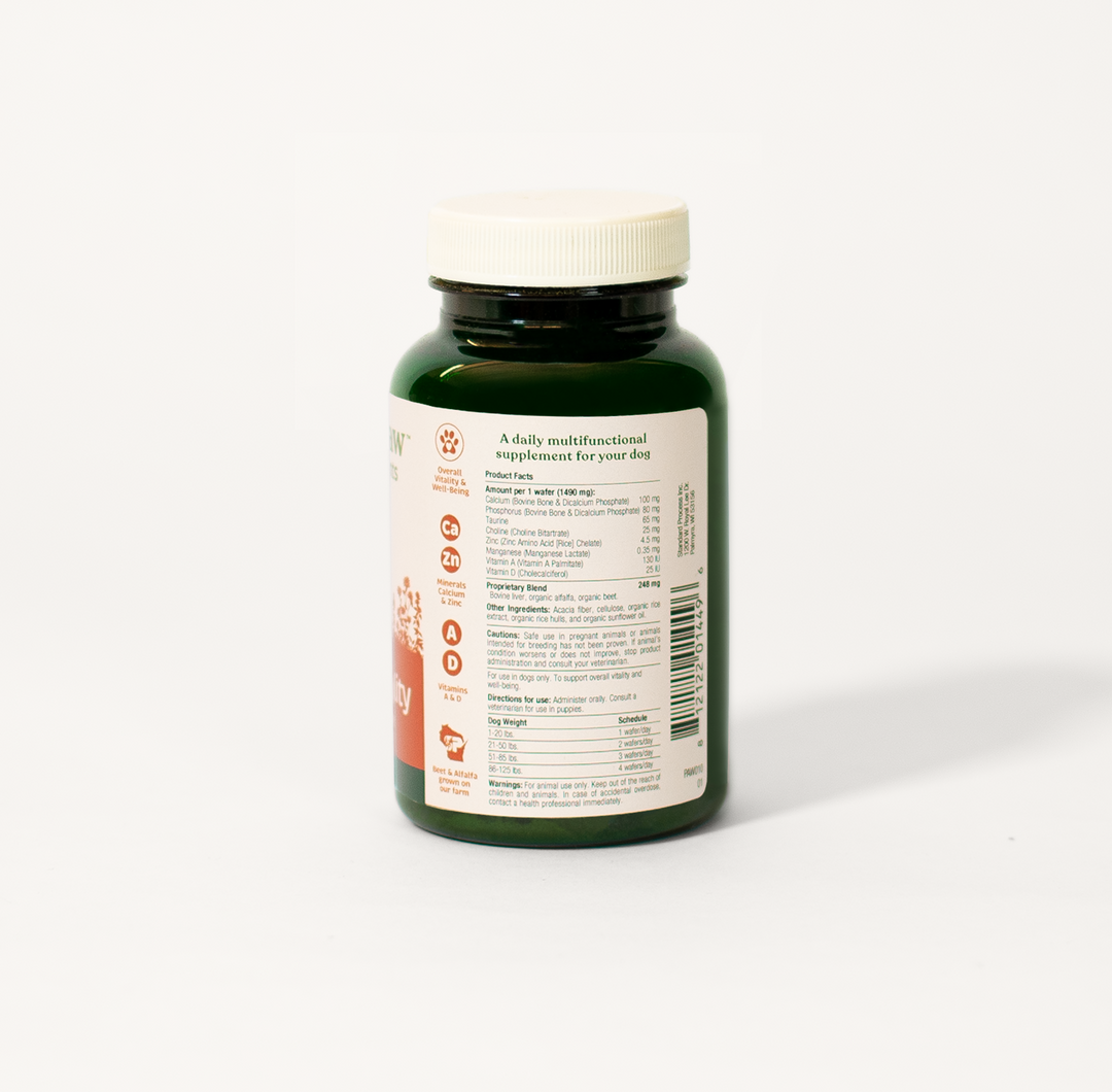 Back label of Spirited Paw Health + Vitality Supplement bottle showing detailed ingredient and supplement facts.