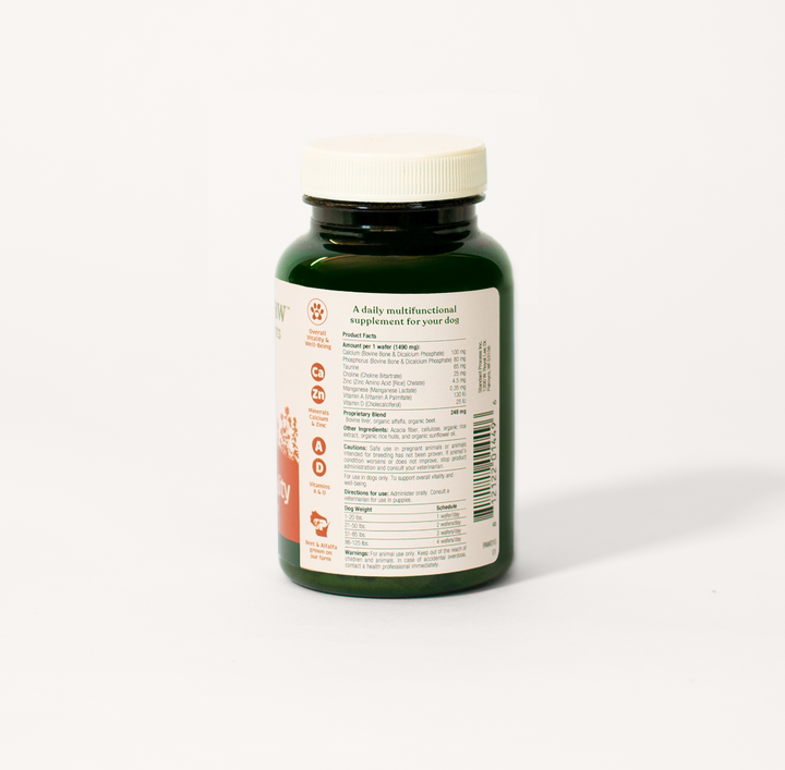 Back label of Spirited Paw Health + Vitality Supplement bottle showing detailed ingredient and supplement facts.