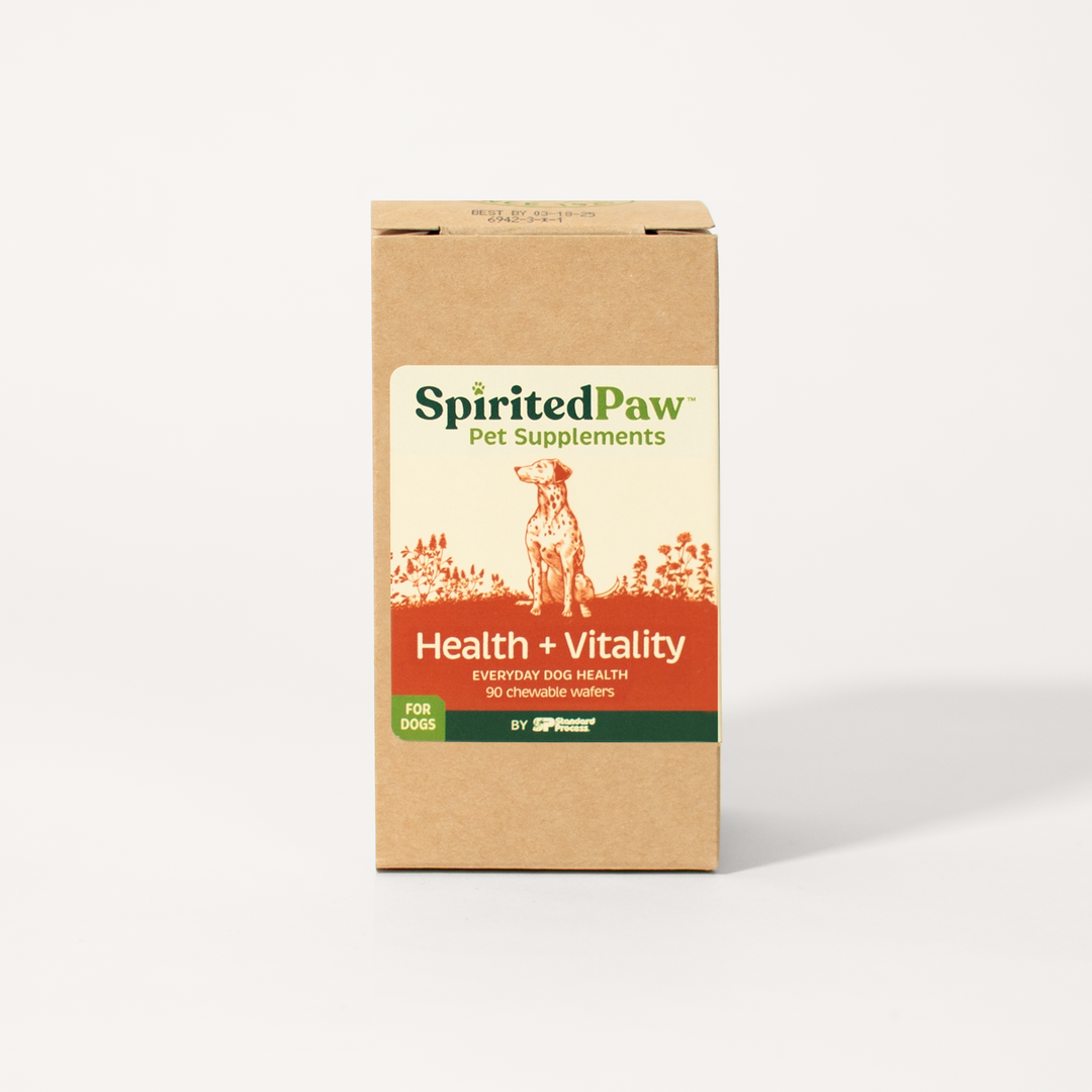 Packaging of SpiritedPaw Health + Vitality dog supplement for everyday health with 90 chewable wafers.