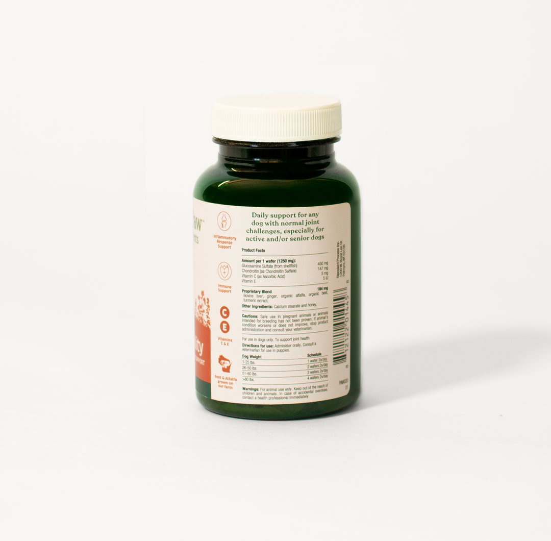 Back label of Spirited Paw Joint + Mobility Supplement bottle showing ingredients and supplement facts.
