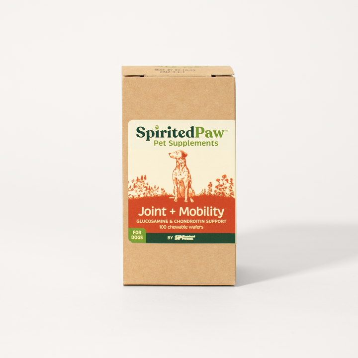 SpiritedPaw Joint + Mobility pet supplement packaging with key ingredients like alfalfa, turmeric extract, glucosamine sulfate, chondroitin, and beetroot for joint support.