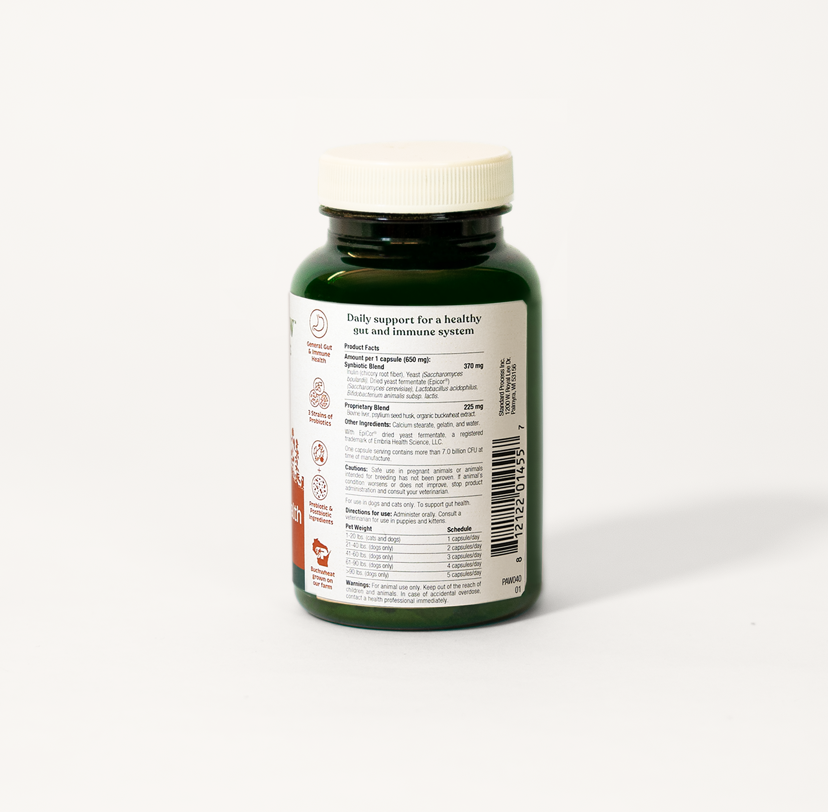 Back label of Spirited Paw Probiotic + Gut Health Supplement bottle displaying detailed nutritional information.