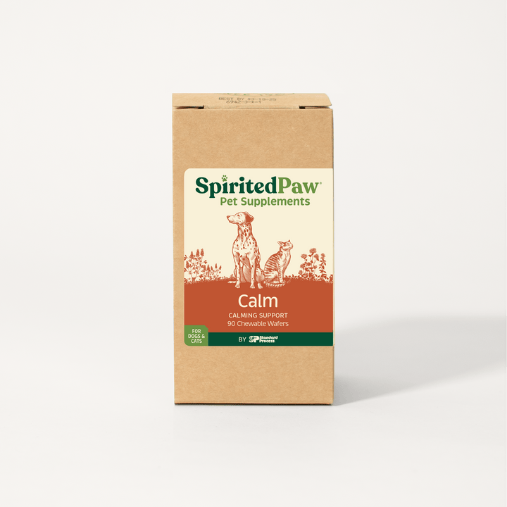 SpiritedPaw Calm pet supplement box for dogs and cats, providing calming support with 90 chewable wafers
