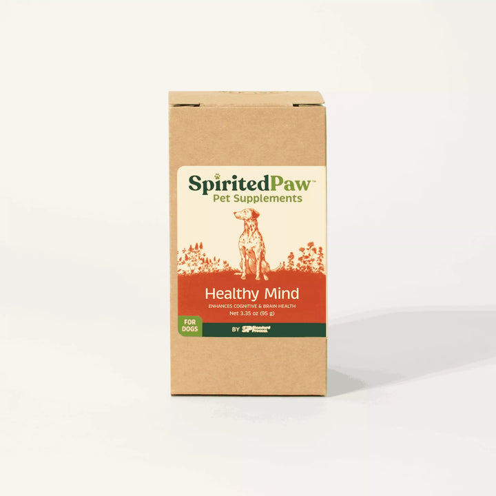 Spirited Paw pet healthy mind supplements box on a white background