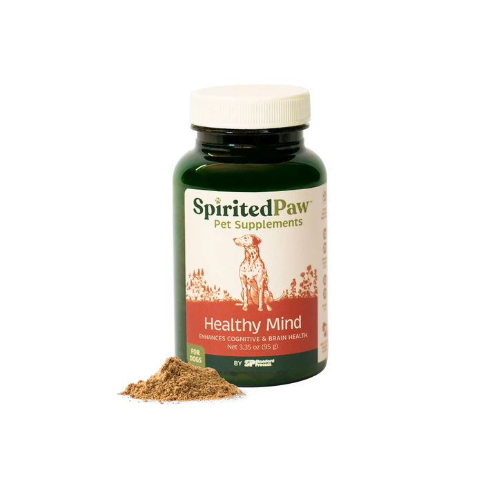 Spirited Paw healthy mind pet supplement bottle with powder on a white background