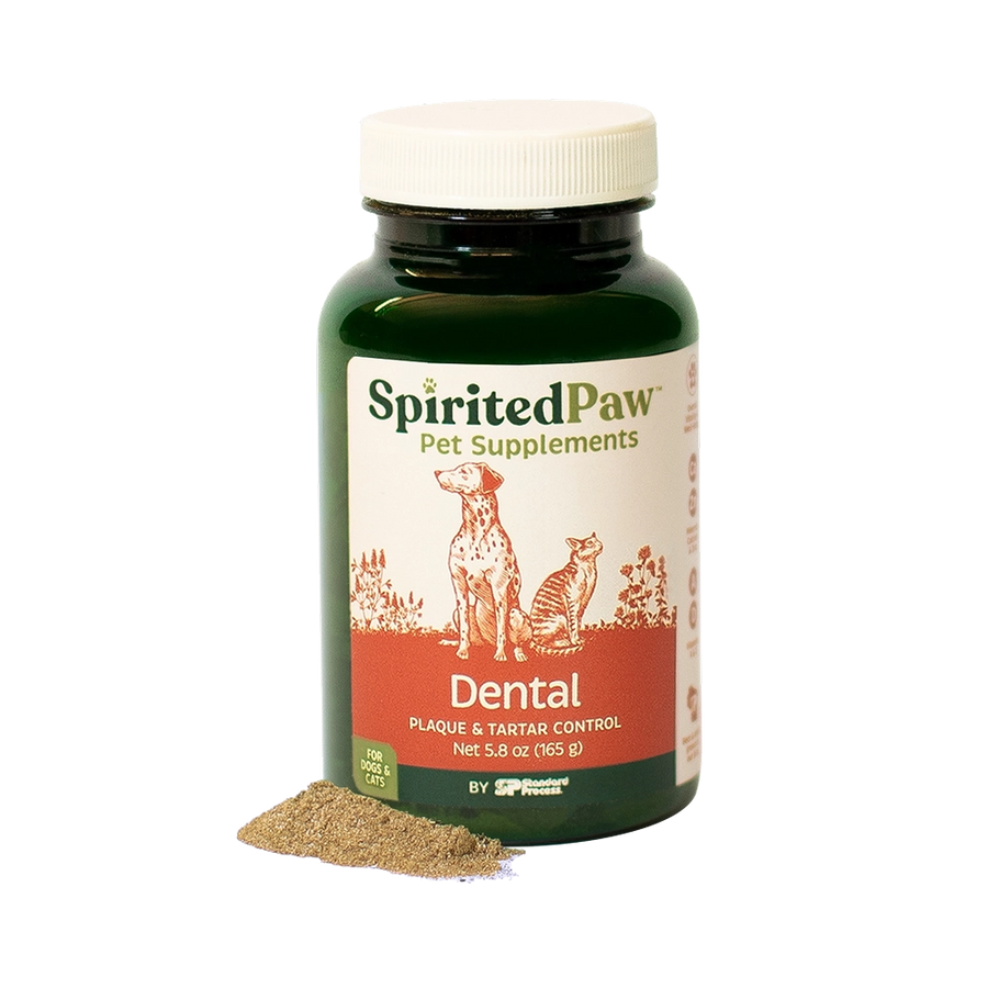 Spirited Paw Dental Supplement for pets in a green bottle with a white cap, placed beside a small pile of powder for tartar and plaque control.