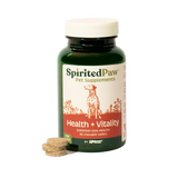 Spirited Paw Health + Vitality Supplement bottle with chewable wafers beside it, designed for overall pet wellness.
