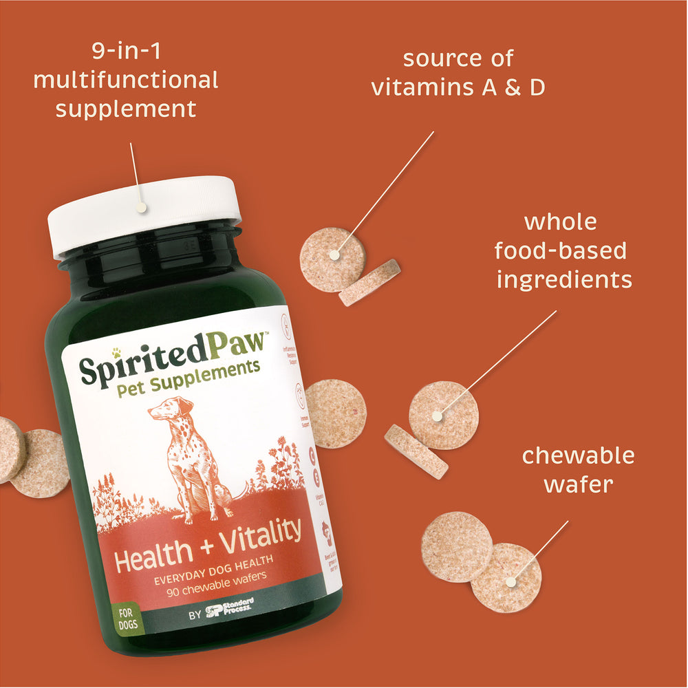 Spirited Paw Health + Vitality Supplement bottle tilted, pouring out chewable wafers with key ingredient highlights.