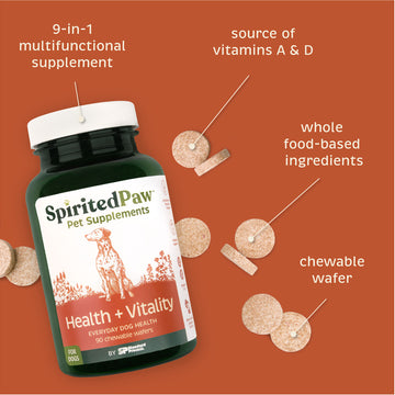Spirited Paw Health + Vitality Supplement bottle tilted, pouring out chewable wafers with key ingredient highlights.