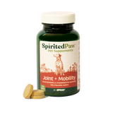 Spirited Paw Joint + Mobility Supplement bottle with chewable wafers placed beside it, designed for pet joint health support.