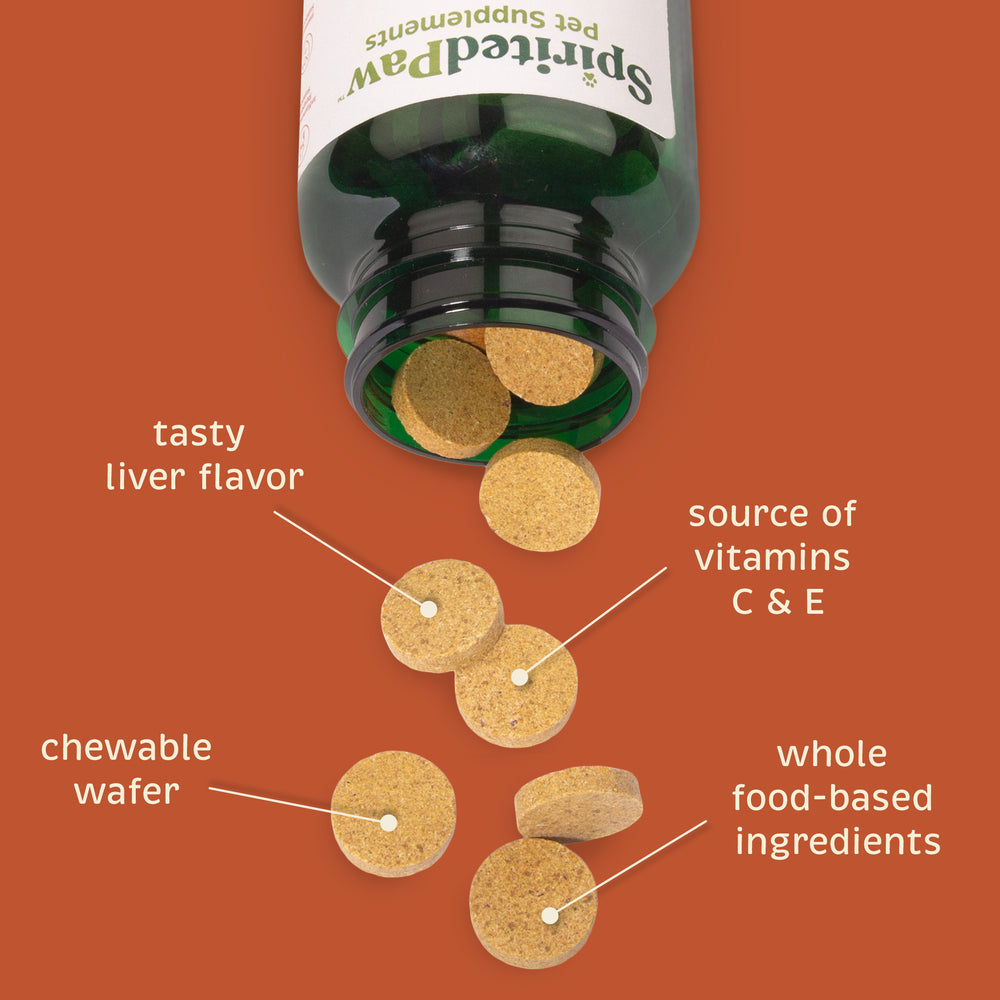 Spirited Paw Joint + Mobility Supplement bottle tilted, pouring out chewable wafers with ingredient highlights.